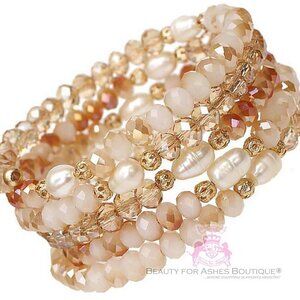 Peach Fresh Water Pearl Crystal Gold Tone Faceted Bead Adjustable Coil Bracelet